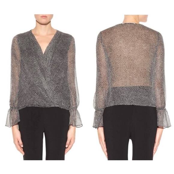 Diane Von Furstenberg Size 6 Svetlana Silk Wrap Blouse Black White - Picture 2 of 11